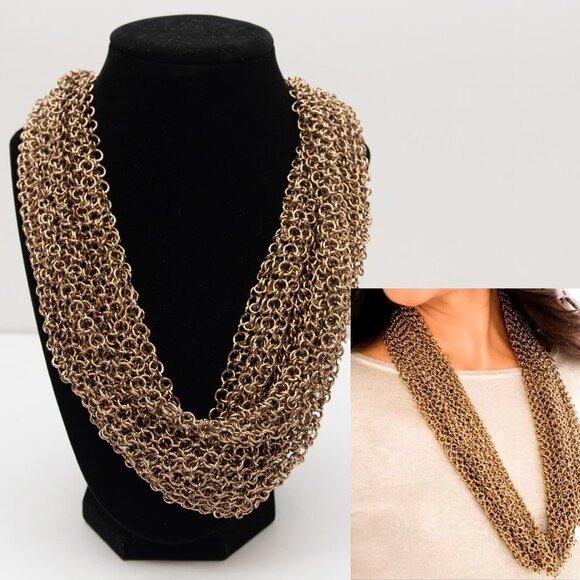Chico's Ambrosia Necklace Chainmail Bib Metal Scarf Gold New - Picture 1 of 7